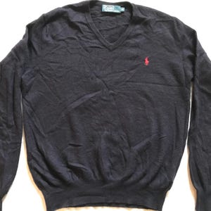 Polo Ralph Lauren Men&#39;s V-Neck Pullover Pure Wool Sweater Navy Blue Size Medium Size EU