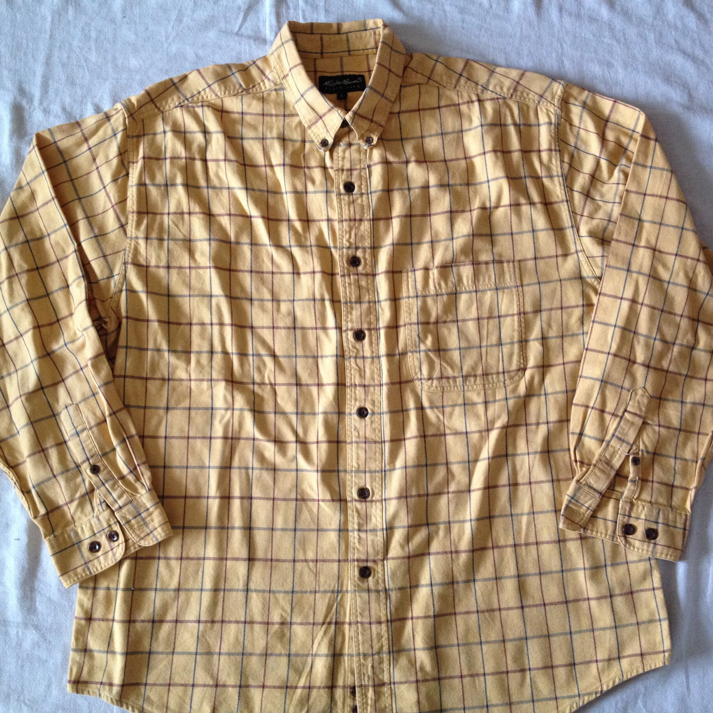 Eddie Bauer Plaid Men's Light Flannel Casual Long Sleeve Shirt Size Large Regular Fit Yellow