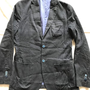 May include: A dark gray blazer with a light blue lining visible at the collar and cuffs. The blazer features a notched lapel, two front pockets, and elbow patches. It has blue buttons and a small pin on the lapel.