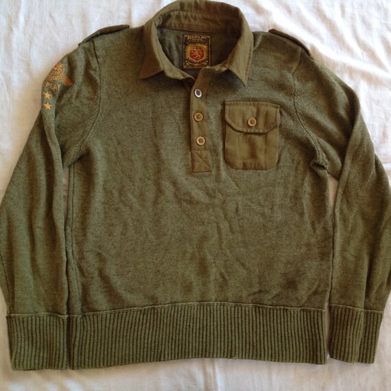 Replay Italian Vintage Pullover Button Collar Sweater Olive Green Size XL Xlarge Etsy