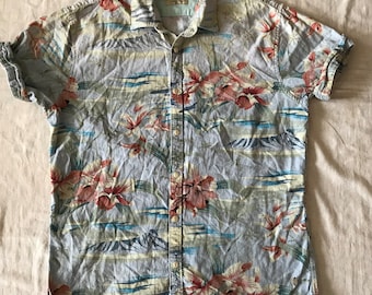 Scotch And Soda ''Tailor Made'' Herren Kurzarm Hemd Leinen Baumwolle Combo Blume Hawaii Muster Large Slim Fit EU