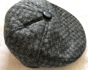 German Vintage Men's Newsboy Flat Hat Gray Cotton Combo Winter w/ Ear Flaps Size 58 - Medium