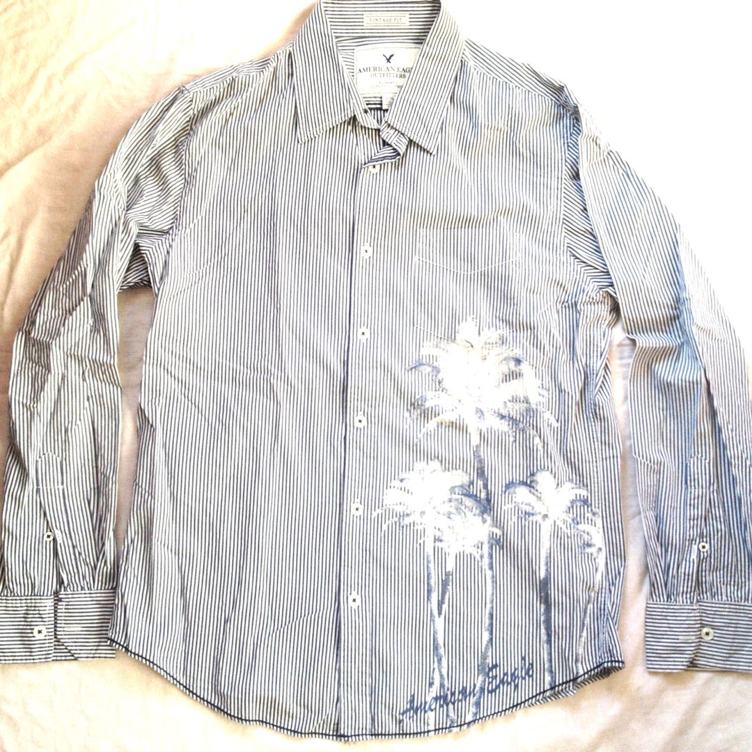 American Eagle Men's Dress Shirt Palm Decorated White Blue Striped Large  Size Vintage Fit - Etsy