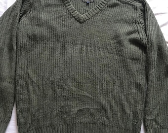 P.G. Field Heavy Chunky Knit V-Neck Ribbed Fisherman Country Jumper Pullover Sweater Drab Green Large Size Acrylic Made