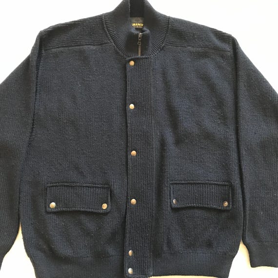 Il Granchio Made In Italy Zipped Snap Buttoned Bomber Sweater Jacket Heavy Knit Wool Combo Navy Blue Large EU