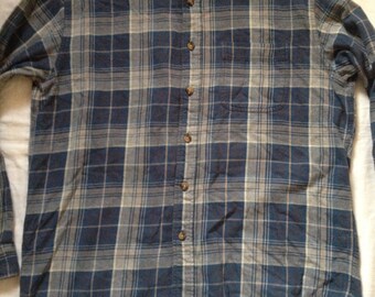 Chemise Vintage Eddie Bauer 70's - Flanelle Bleue, Boutons Pression Métal - Taille L - NOS