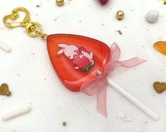 Lollipop Acryl Charm, Hase mit Erdbeere Schlüsselanhänger, kawaii Lolli Acryl Anhänger