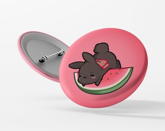 Hase mit Melone Button, Kaninchen Button mit Sicherheitsnadel, Pin Badge, rund 50mm