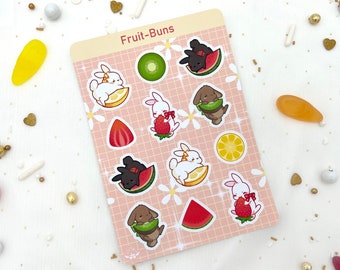 Süße Hasen Sticker, Kaninchen mit Früchte Stickerbogen, Erdbeere Kiwi Zitrone Melone Aufkleber Set