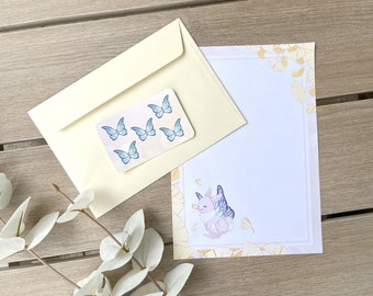 Ginkgo Hase Briefpapier Set, süßes Briefpapier mit Umschlägen und Stickern, 10x Blatt + 5x Umschlag + 1x Stickerbogen