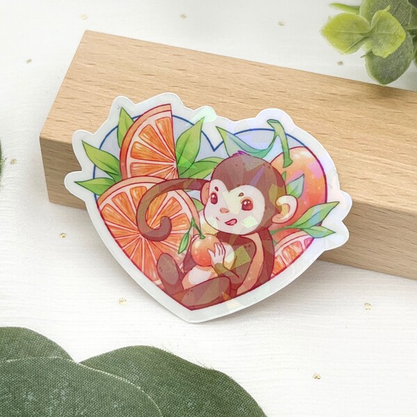 Kawaii Affe Vinylsticker, süßer Affe orange Aufkleber, cute monkey Sticker, 40x50mm