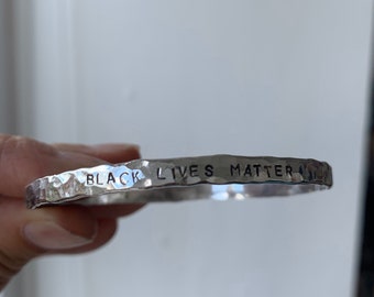 Hammered Silver Bangle - This one is personalised with BLACK LIVES MATTER but can be personalised with a name or just hammered.