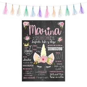 Lámina unicornio personalizada, cumpleaños. Efecto pizarra, cartel decoración fiesta. Primer cumpleaños. Bautizo.