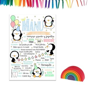 Lámina cumpleaños personalizada decorada con pingüinos. Mi primer añito.