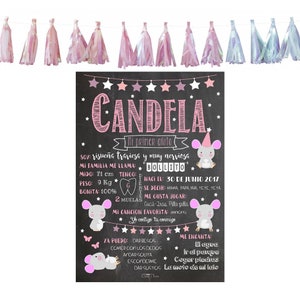 Lámina cumpleaños personalizada, decoración ratita. Efecto pizarra, cartel decoración fiesta. Primer cumpleaños