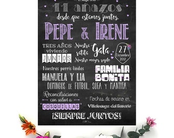 Lámina pareja, aniversario, regalo novios, boda. Efecto pizarra personalizada.