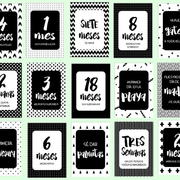 Tarjetas de cumple mes para bebes en color negro estilo minimal, para las fotos importantes de tu bebe. Tarjetas bebe imprimibles.