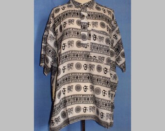Unisex Męski Damski Damski Funky Groovy Etyczny Ekologiczny Alternatywny Bawełniany Cool Sun Ohm Goth Patchwork Kurta Grandad Nepal Shirt Top- Czarno-Biały