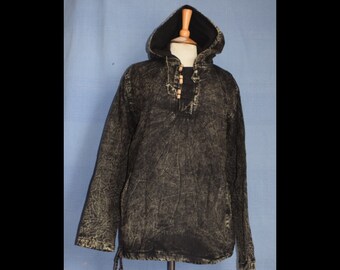 Handcrafted Ethical Trade Cotton Fleece Lined Hippy Hoody Hooded Festival Pullover Camouflage Jacket Kurta - Black Stonewashed. Bushcraft