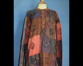 Koszula męska unisex, męska, z nadrukiem, w kolorze zielonym, z nadrukiem w stylu boho retro, z nadrukiem hipisowskim i nepalskim, na festiwal bawełny, z łatką dziadka.
