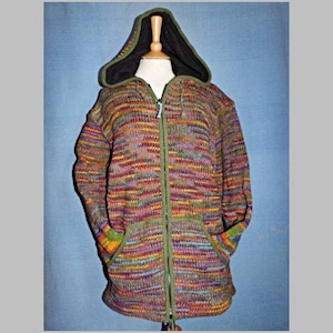 Handcrafted Nepalese Woolen Fleece Lined Hippy Festival Jacket - Natural brown and Rainbow Intertwined Wool