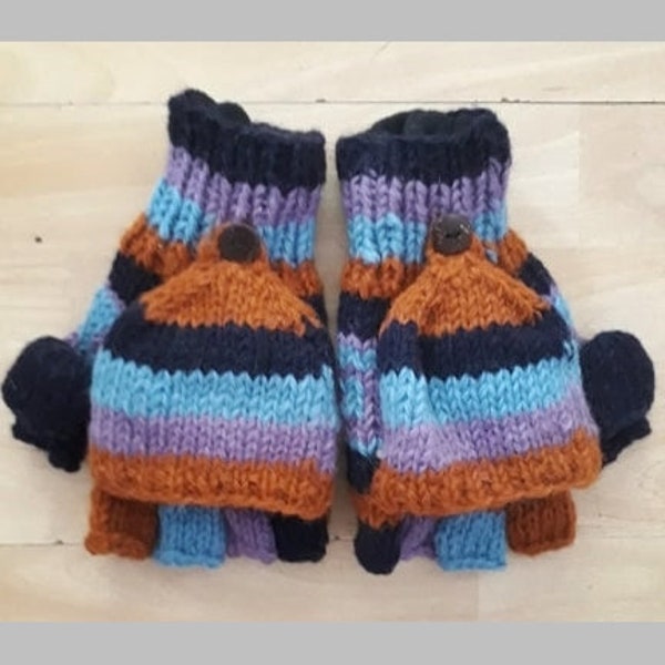 Tricoté à la main Bernie Sanders Doublé Laine Sans Doigts Dual Hippy Festival Boho Ski Walking Gift Gants / Mitaines( rouille / lilas / bleu ) G39