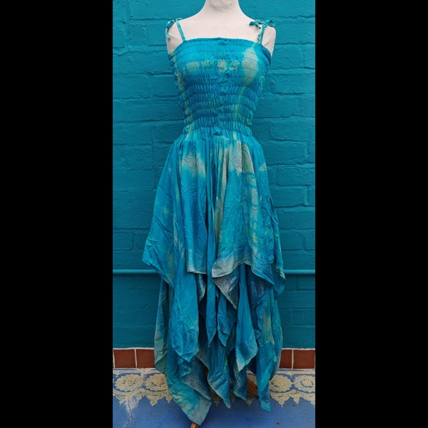 Standard Unique Recycled Silk Handkerchief Stevie Nicks Sleeveless Hippy  Dress aqua/seafoam Expandable   Ladies UK 10-18/20 US 6-14