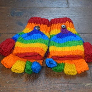 Hand Knitted Winter Fleece Lined Wool Fingerless Dual Hippy Festival Bohemian Ski Walking Gift Gloves / Mittens ( Rainbow Colours) G3