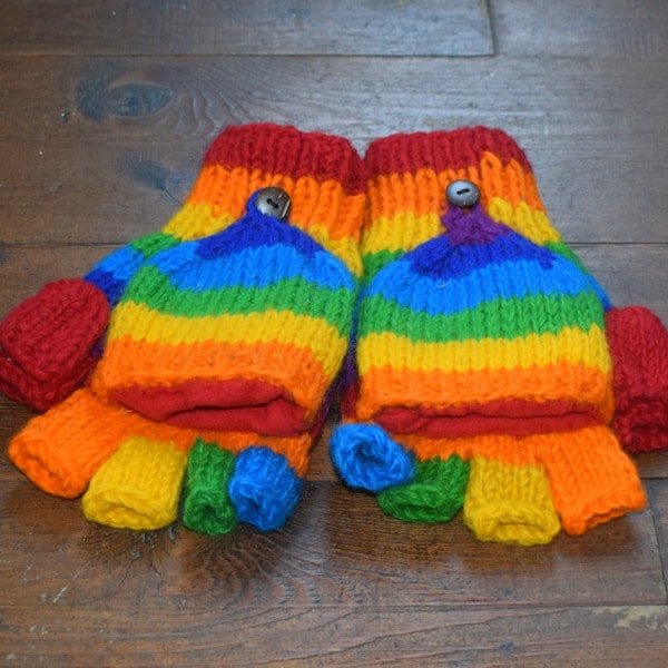 Mitaines d'hiver tricotées à la main avec doublure en polaire, double hippie, festival bohème, cadeau de marche à ski, gants/mitaines (couleurs de l'arc-en-ciel) G3