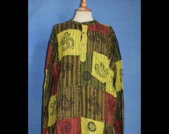 Koszula męska unisex, męska, z nadrukiem, w kolorze zielonym, z nadrukiem w stylu boho retro, z nadrukiem hipisowskim i nepalskim, na festiwal bawełny, z łatką dziadka.