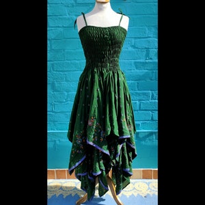 Plus Size Unique Recycled Silk Handkerchief  Stevie Nicks Style Hippy Gothic Fairy Dress green multi beaded UK 16-26 US 12-22