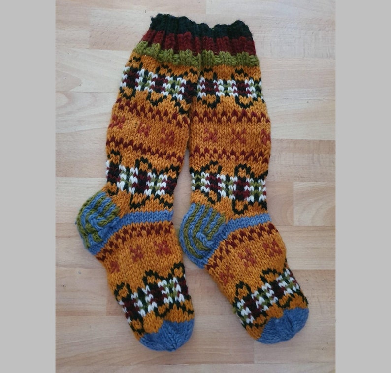 1 rust multi Hand knitted Handcrafted Wool Welly Wellington Boot Hippy Festival Colourful Bed Slipper Socks Unusual Christmas Gift