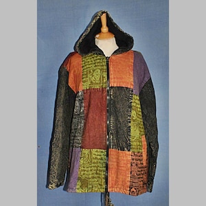 Handcrafted Fleece Lined Cotton Hippy Hoody Hoodie Hooded Festival Patch Jacket - Red Brown Multi