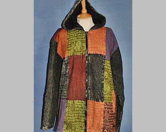 Handcrafted Fleece Lined Cotton Hippy Hoody Hoodie Hooded Festival Patch Jacket - Red Brown Multi