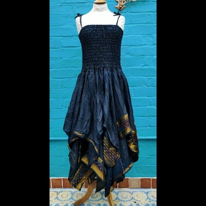 Plus Size Unique Recycled Silk Handkerchief  Stevie Nicks Style Hippy Gothic Fairy Dress- dark Blue XXL UK 18-30 US 12-25
