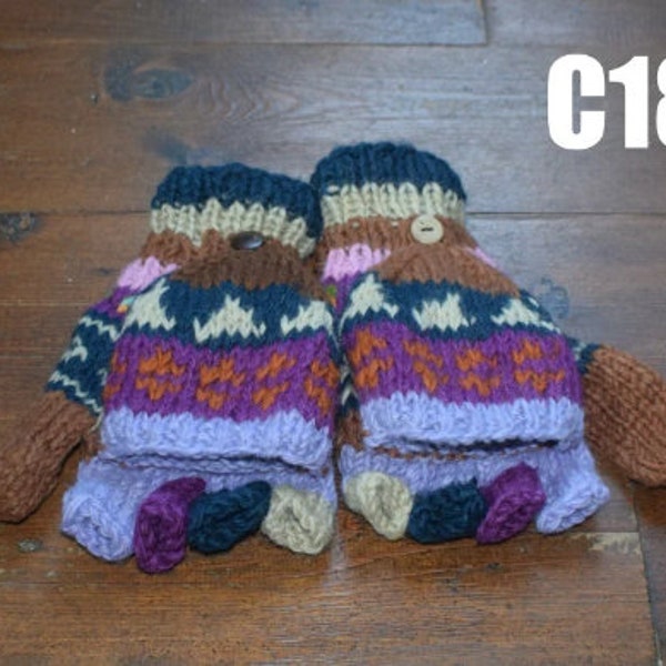 Hand Knitted Winter Fleece Lined Wool Fingerless Dual Hippy Festival Bohemian Ski Walking Gift Gloves / Mittens ( luxury rainbow ) -G31