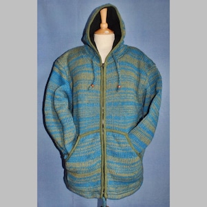 Hand knitted Turquoise and Khaki Wool Hippy Festival Outdoors Ski Jacket