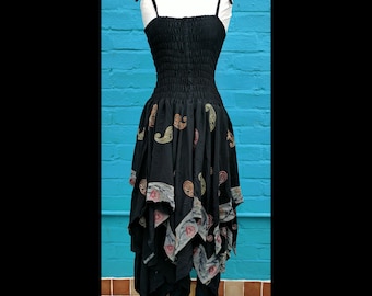 Standard Unique Recycled Silk Handkerchief Stevie Nicks Sleeveless Hippy  Dress black/multi Ladies UK 10-18/20 US 6-14