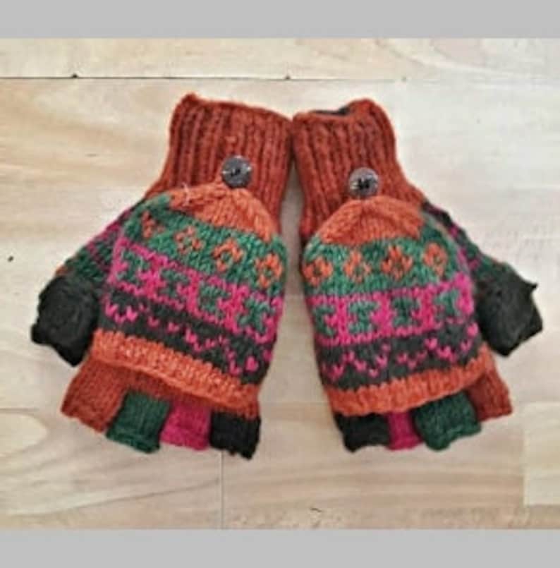 HAND-KNITTED Woollen Gloves Fleece Lined Mitten Wrist Warmer Ski Wool Glove