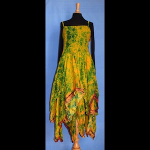 Plus Size Unique Recycled Silk Handkerchief  Stevie Nicks Style Hippy Gothic Fairy Dress (Green/Yellow) Ladies UK 16-26 US 12-22
