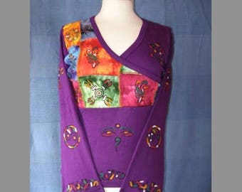 Hippie katoenen hippie festival top met lange mouwen - paars / rainbow wrap effect