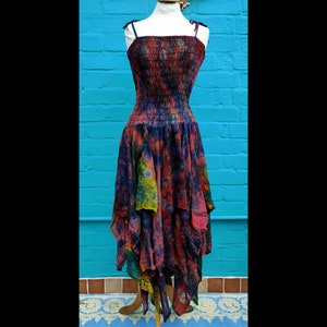Plus Size Unique Recycled Silk Handkerchief  Stevie Nicks Style Hippy Gothic Fairy Dress dark rainbow UK 16-26 US 12-22