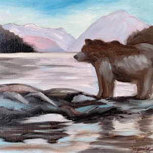 Bear Oil Painting, Original Art, Canadian Animals, Black Bear, Office Art, Wall Art, Gallery Wall Art, Lake Landscape