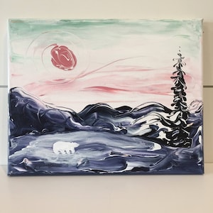 May include: Abstract painting on canvas featuring a white polar bear walking on a blue and purple background with a pink and green sky and a black tree in the background.