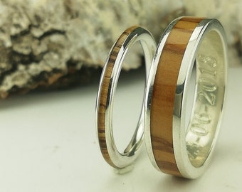 Silver Rings for wedding - silver wedding band made with wood