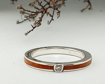 Engagement silver Ring with a 2mm diamond and briar root wood - Original engagement ring - Trending wedding band