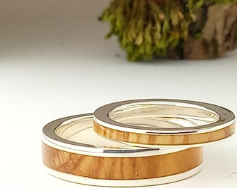 Set Sterling Silver Rings and Wood - silver wedding band - Original wedding rings