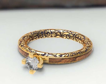 Original yellow gold ring - Engagement ring with diamond - Rings with olive wood