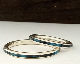 Set Sterling Silver Rings  and birch blue wood - Wedding set - Blue wedding bands