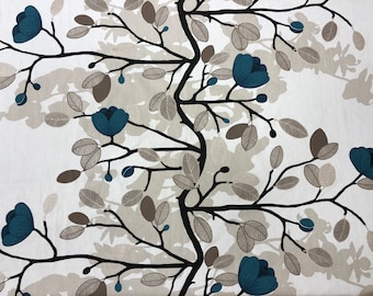 Scandinavian cotton Fabric Magnolia Blossom, elegant blue floral fabric, brown leaves, modern fabric, Scandinavian fabric